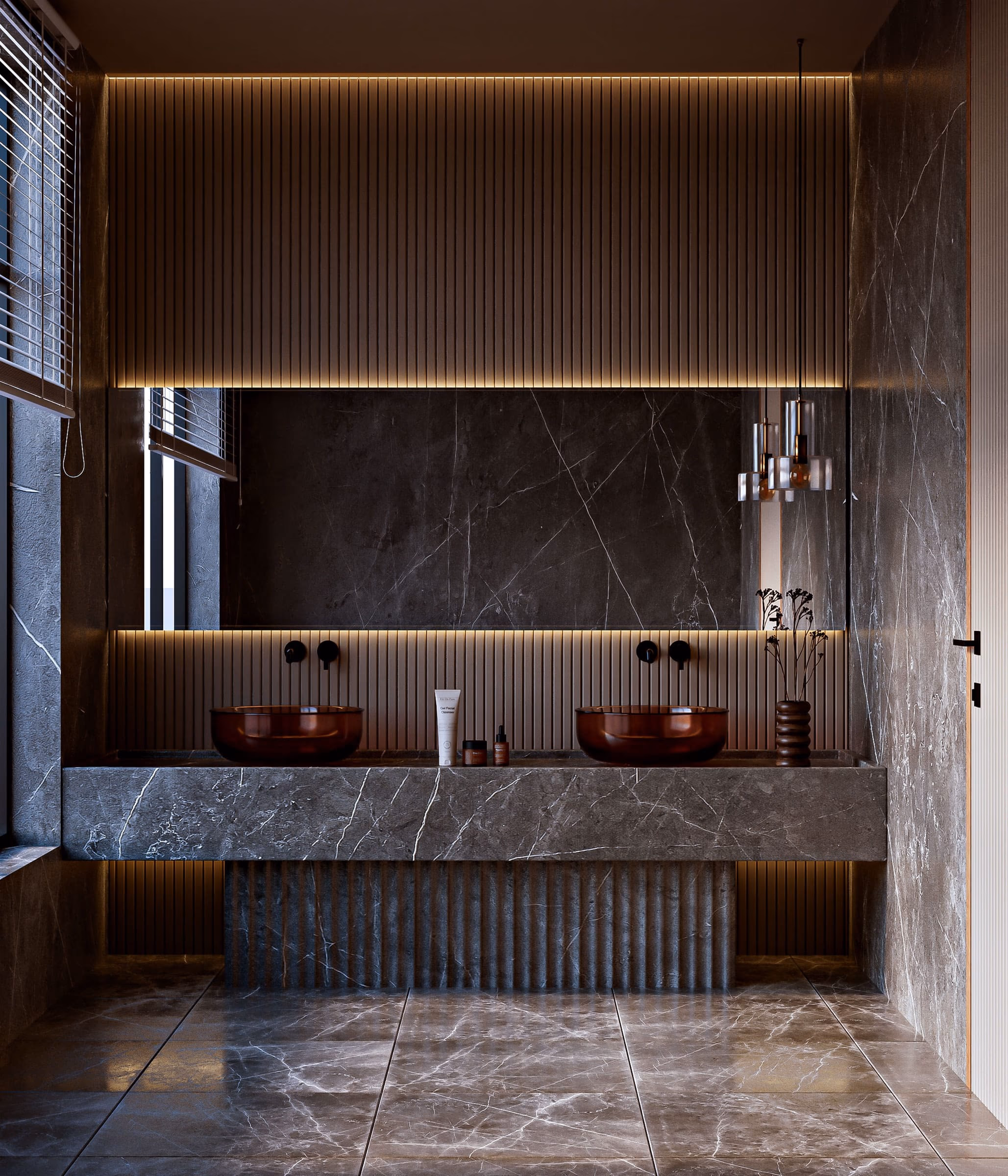 Bespoke fluted joinery meeting a solid stone counter, made for the room it stands in