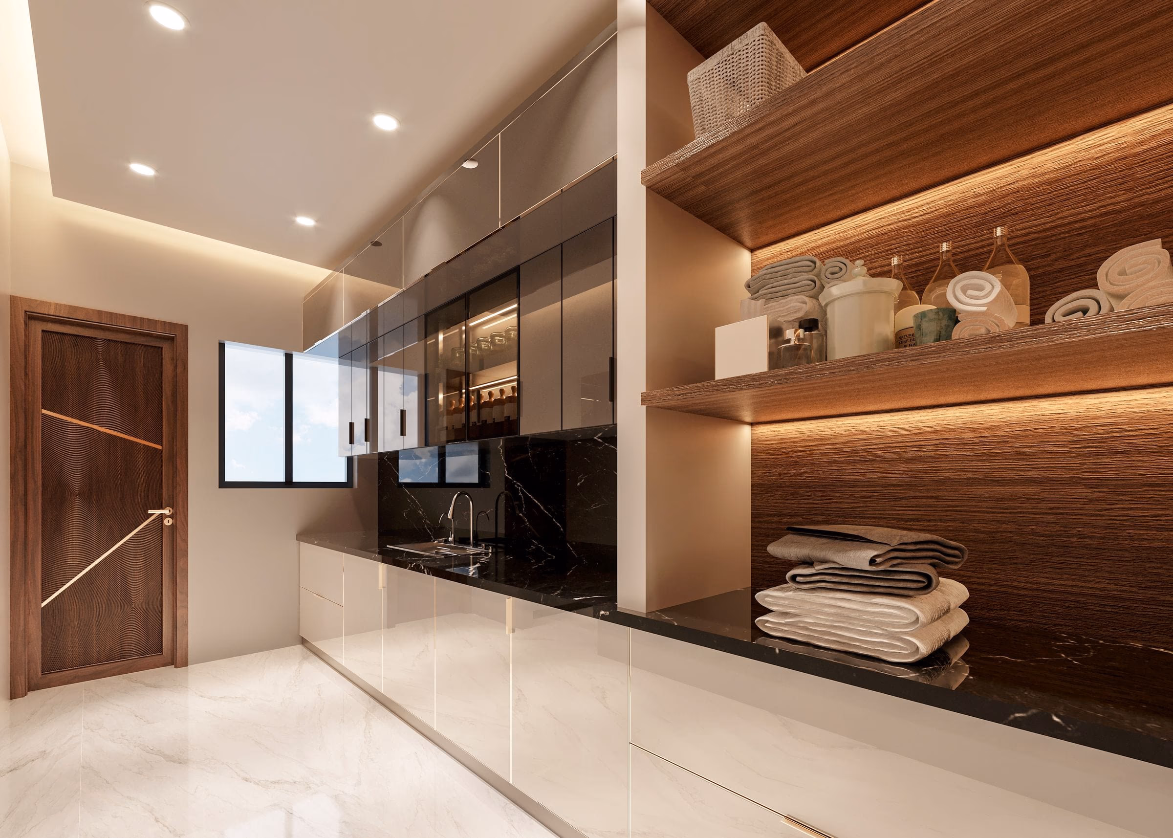 Warm timber joinery lining the approach to the guest rooms, lit from within the shelving