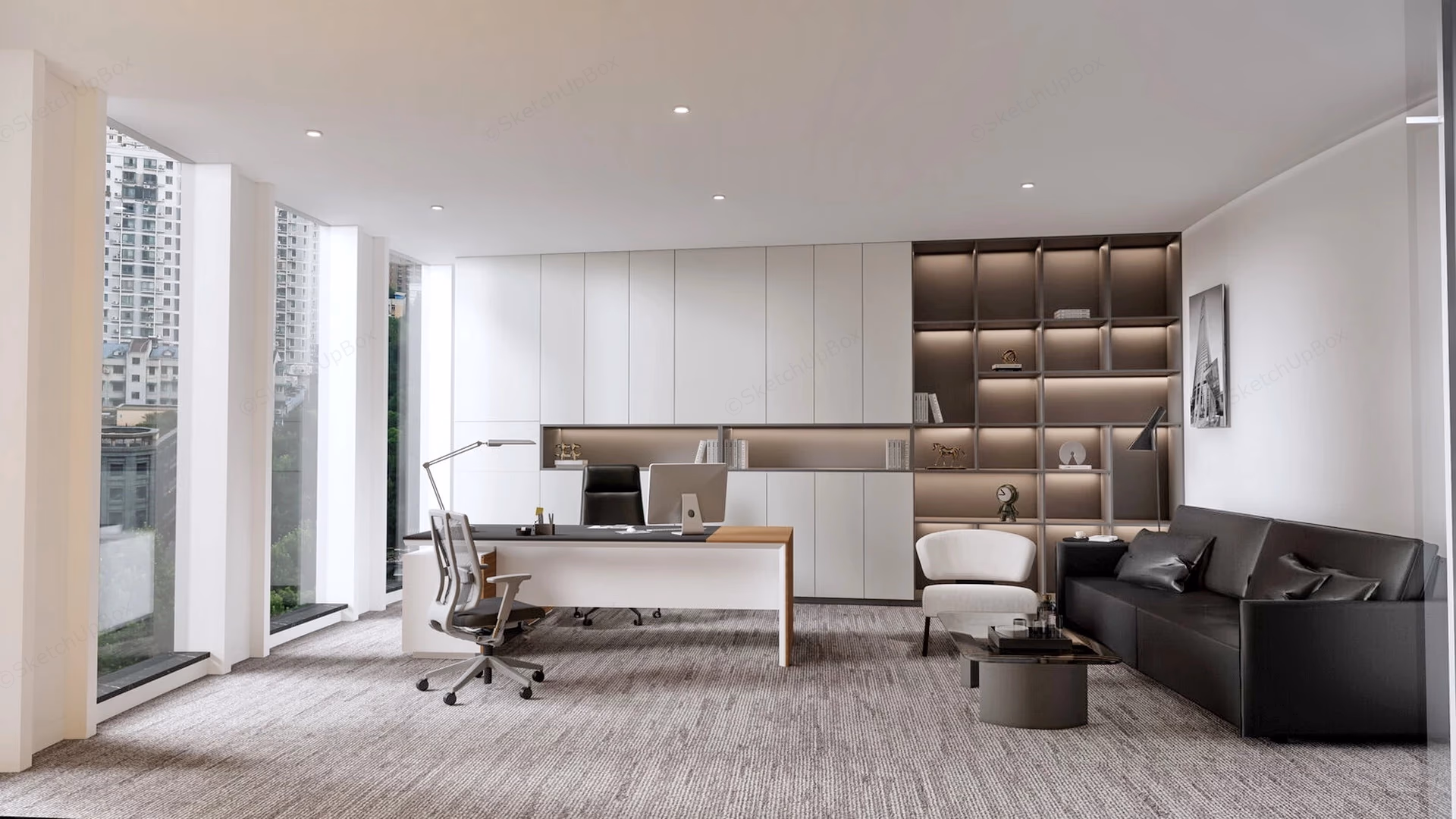 A partner's office in walnut panelling, with monochrome artwork against a fluted charcoal feature wall